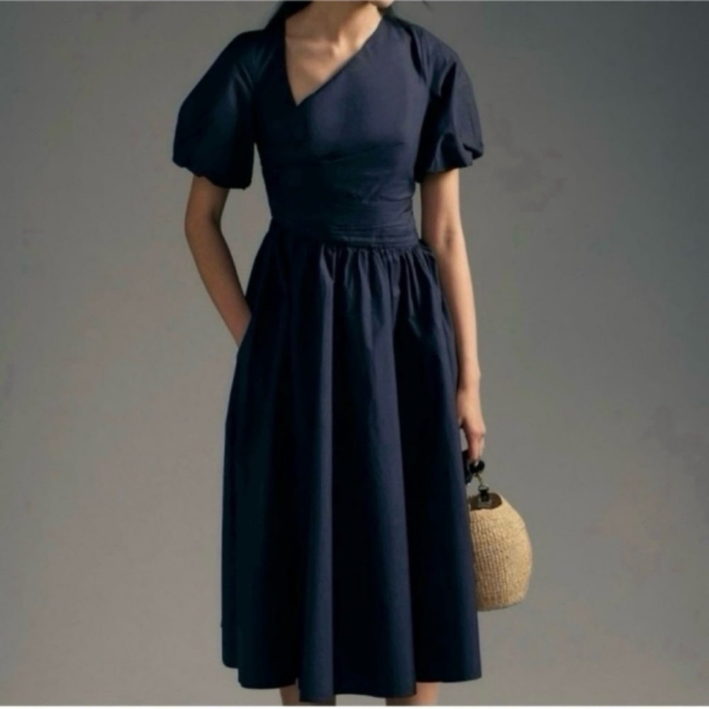 Shoshanna Asymmetrical Neck Puff-Sleeve Dress ~ NWT